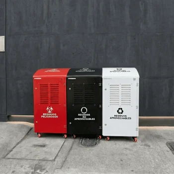 Mueble posconsumo compuesto de 3 módulos de 50 litros para centros de acopio